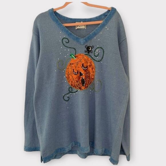 Vintage Halloween Sequin Jack O Lantern Pumpkin Coastal Grandma Sweater - Picture 5 of 13